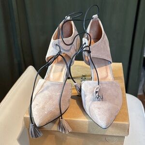 Beautiful taupe suede Women's Heels with Tassel ties